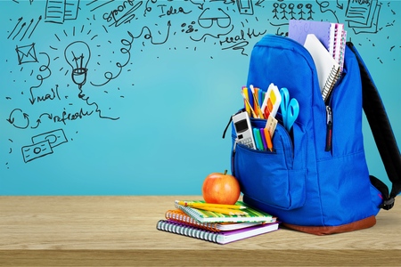 Blue school backpack on background