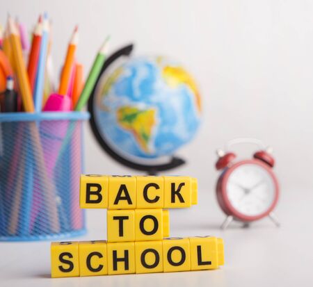 Close up of back to school concept on background with office stationery Stock Photo