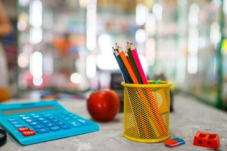 Office supplies on the table in stationery store Stock Photo