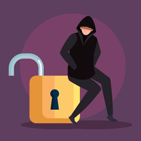 hacker person sitting in padlock icon vector illustration design - 147410898