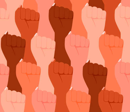 Group multicultural people raised fist, sign protest, seamless background. Strength, strong woman power, justice and unity concept pattern. Vector illustration