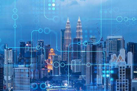 Information flow hologram night panorama city view of kuala lumpur kl is the largest technological center in malaysia asia the concept of programming science double exposure Stock Photo