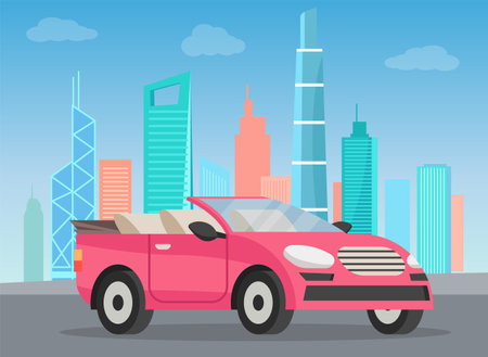 Pink cabriolet on city road cartoon vector illustration. Stylish car for women, girly auto without roof flat color object. Luxurious personal transport fashion automobile in cityscape with skyscrapers