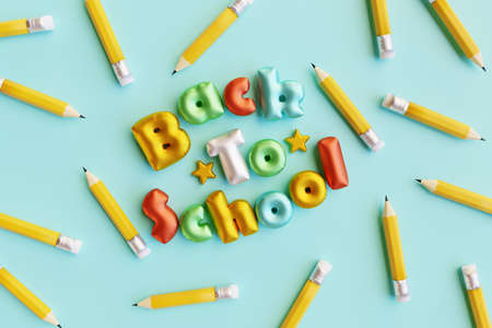 Colorful balloons with pencils back to school concept 3d render Stock Photo