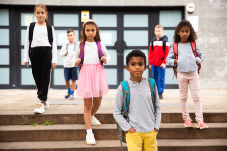 Preteen boy walking to school on autumn day