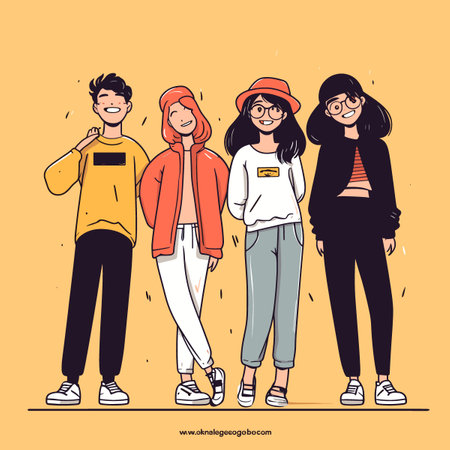 Group of young people in casual clothes. Vector illustration in sketch style.