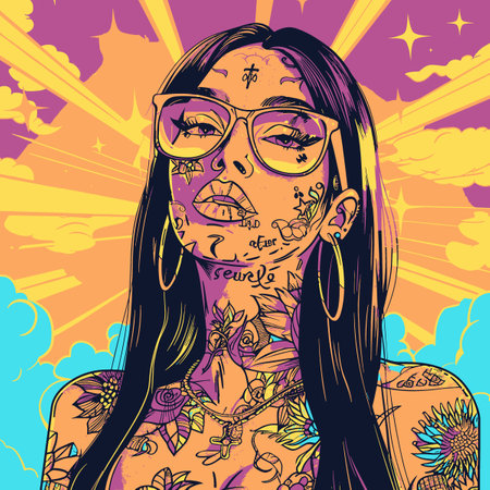 A woman with tattoos and piercings is shown in a colorful painting. The painting has a bright and cheerful mood, with the woman's face and body being the main focus. The use of bright colors