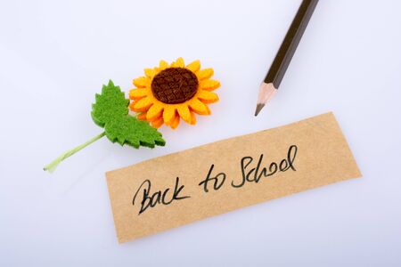 Pen flower and back to school title on a notebook Stock Photo