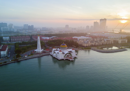 Arial view of malacca straits mosque during sunset