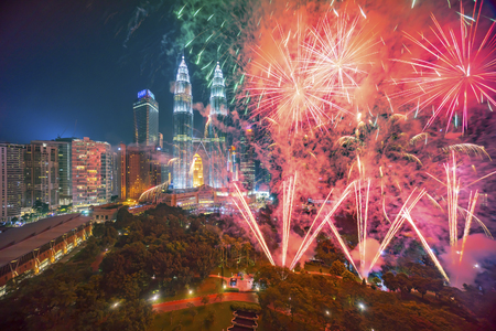 Fireworks display show over kuala lumpur city skyline Stock Photo