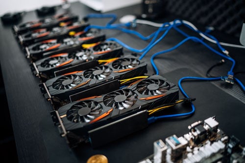 Gpu cards preparing to mine cryptocurrency, devices on mining ri
