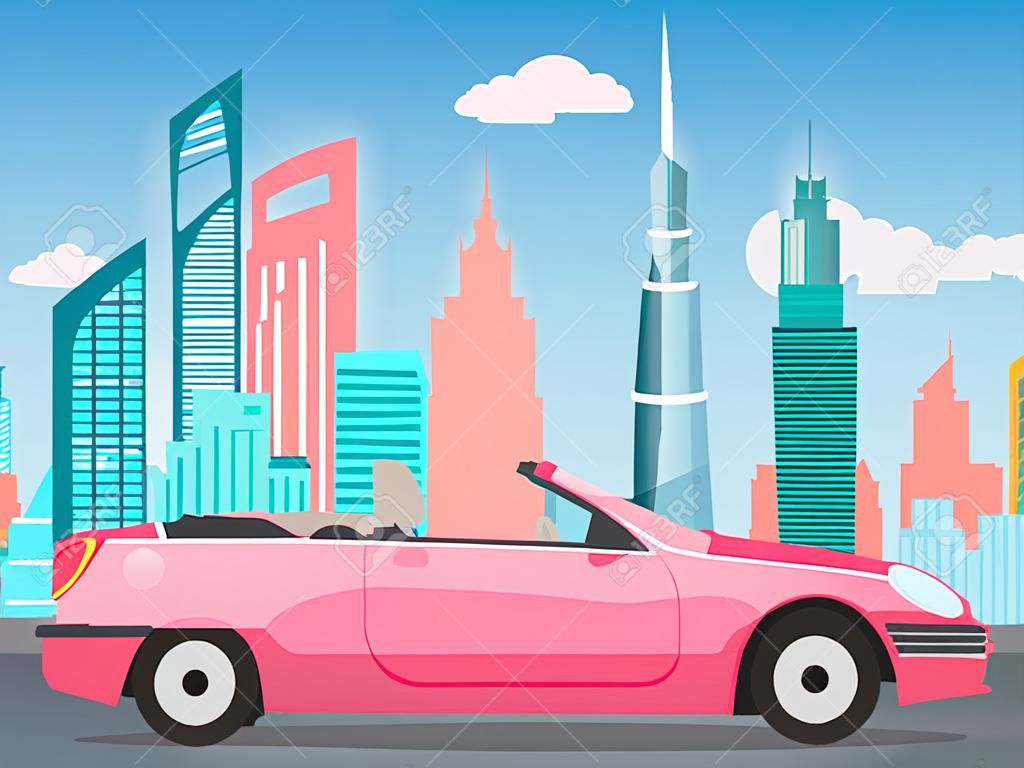 Pink cabriolet on city road cartoon vector illustration. Stylish car for women, girly auto without roof flat color object. Luxurious personal transport fashion automobile in cityscape with skyscrapers