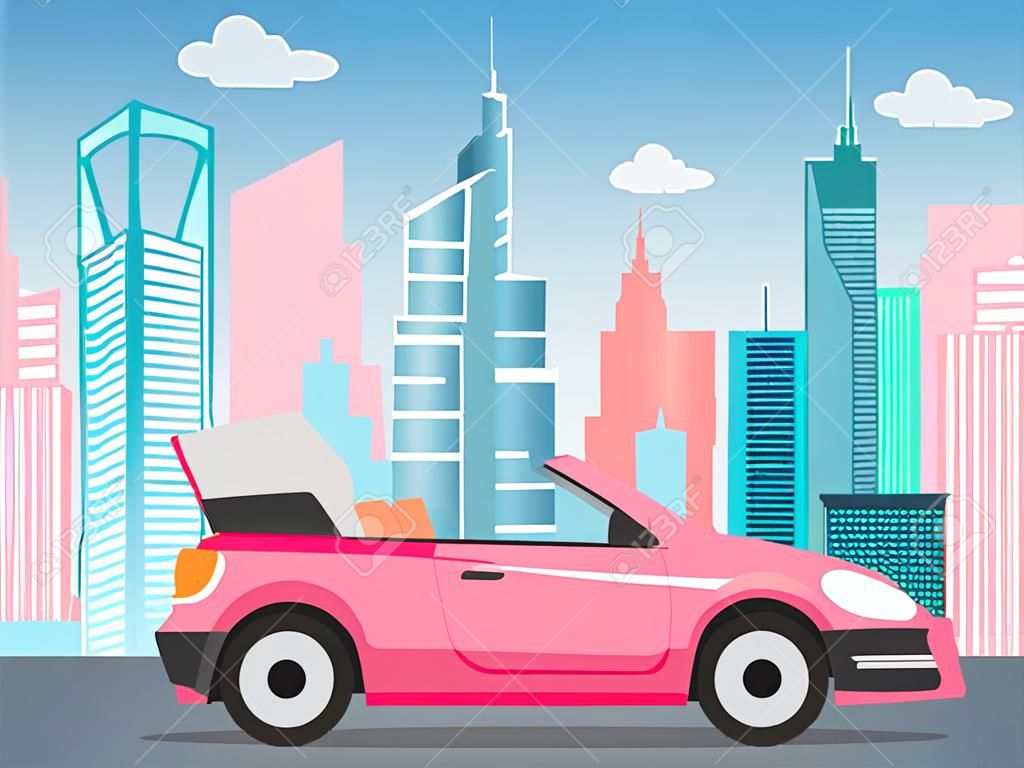 Pink cabriolet on city road cartoon vector illustration. Stylish car for women, girly auto without roof flat color object. Luxurious personal transport fashion automobile in cityscape with skyscrapers