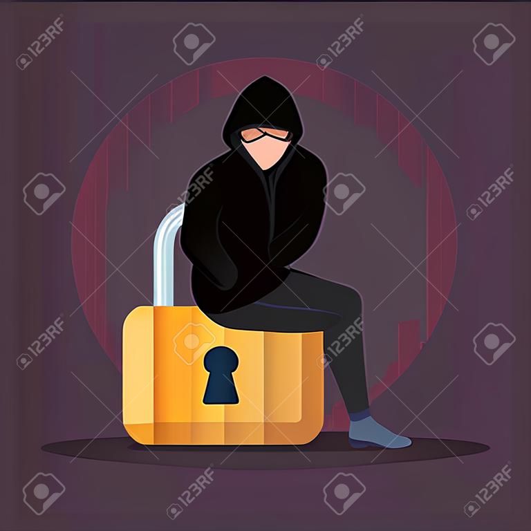 hacker person sitting in padlock icon vector illustration design