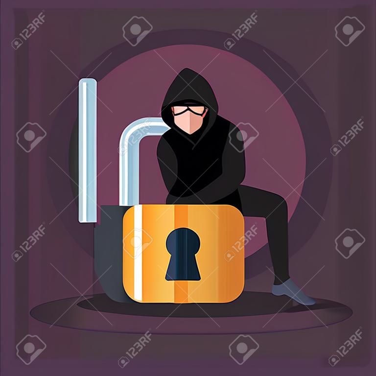 hacker person sitting in padlock icon vector illustration design